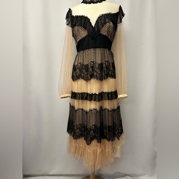 Elegant Black and Cream Lace Long Sleeve Dress - Picture 1 of 4